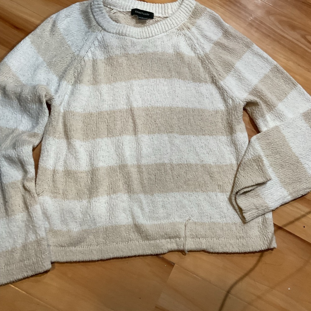 Sanctuary Beige and White Striped Crew Neck Sweater